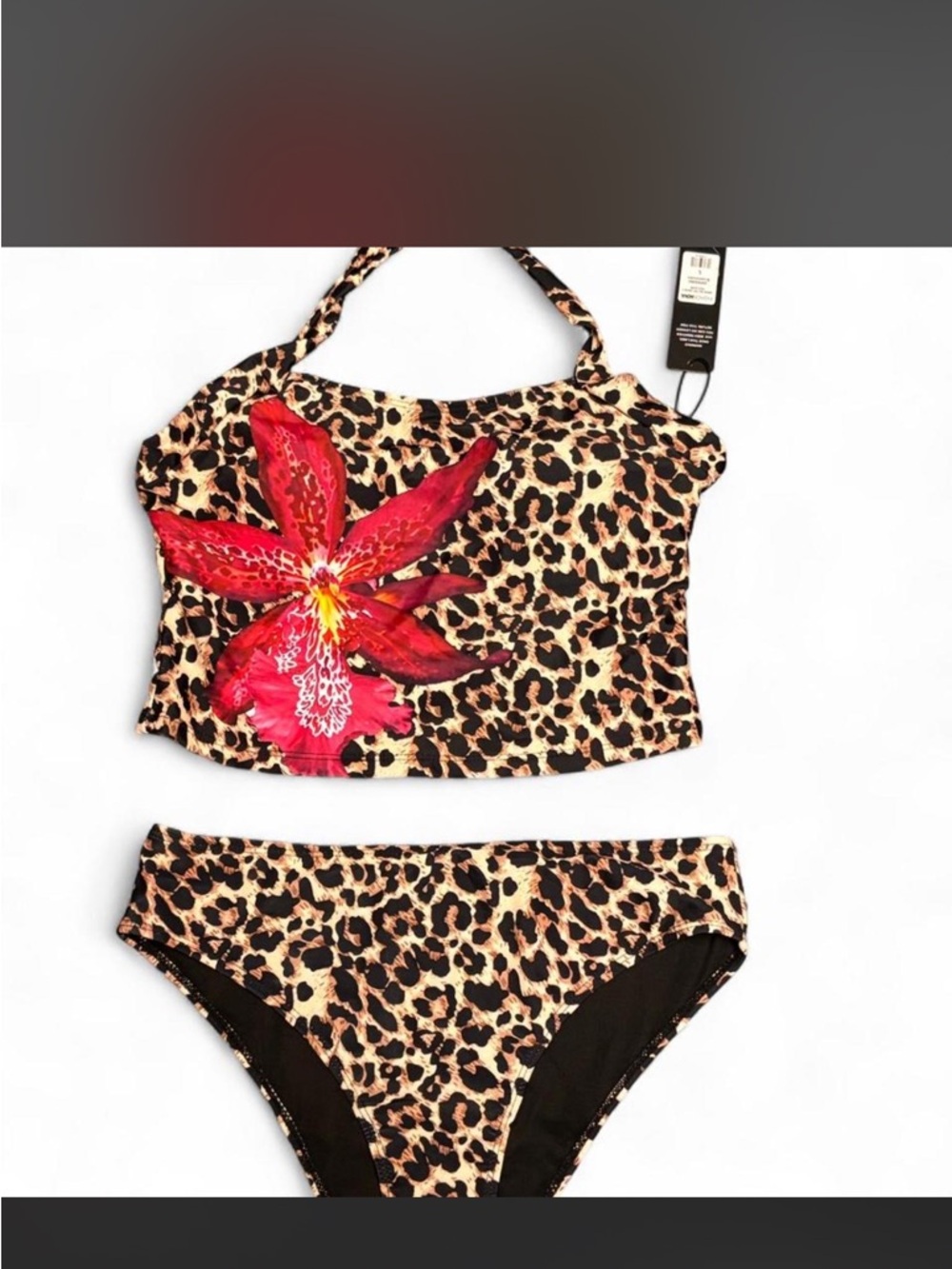 Leopard Print Two-Piece Swim Tankini Set with Red Floral Applique
